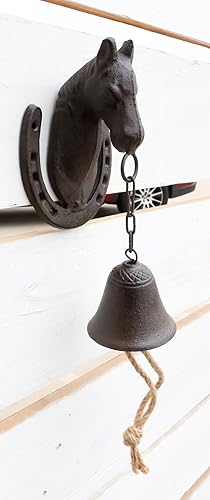 Miniatura 7 de Ebros Gift Cabeza de caballo de hierro fundido rústico vintage occidental con campana de herradura puerta pared cena campanas de granja al aire
