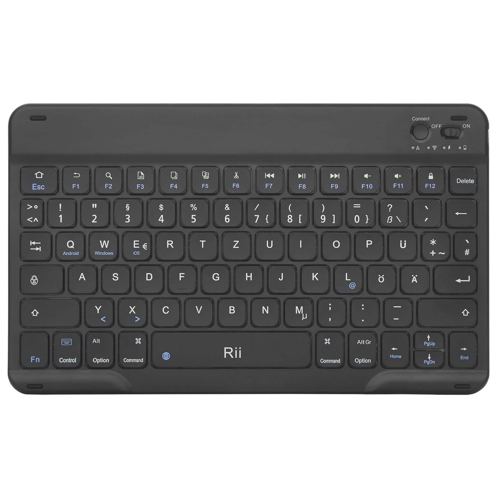 Rii Bluetooth Tastatur für Tablet, Tragbare Slim Tastatur mit Scissor-Mechanismen, Wiederaufladbar, QWERTZ Layout, Kompatibel mit iPad/Android/Windows, Schwarz