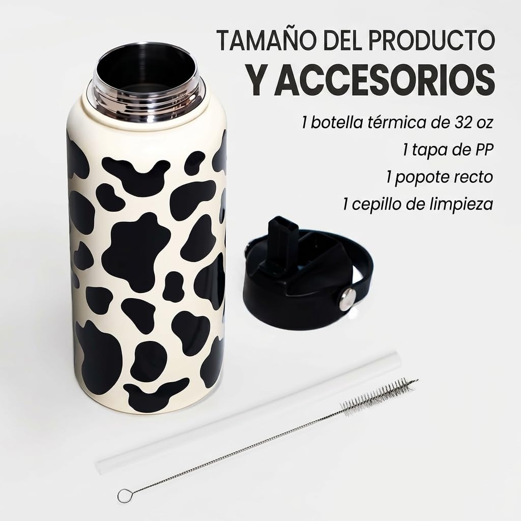 Botella de agua con estampado de vaca, de acero inoxidable, aislada al vacío con tapa, botellas de agua de vaca para gimnasio, deportes, viajes al aire libre, regalos de vaca para mujeres y niñas