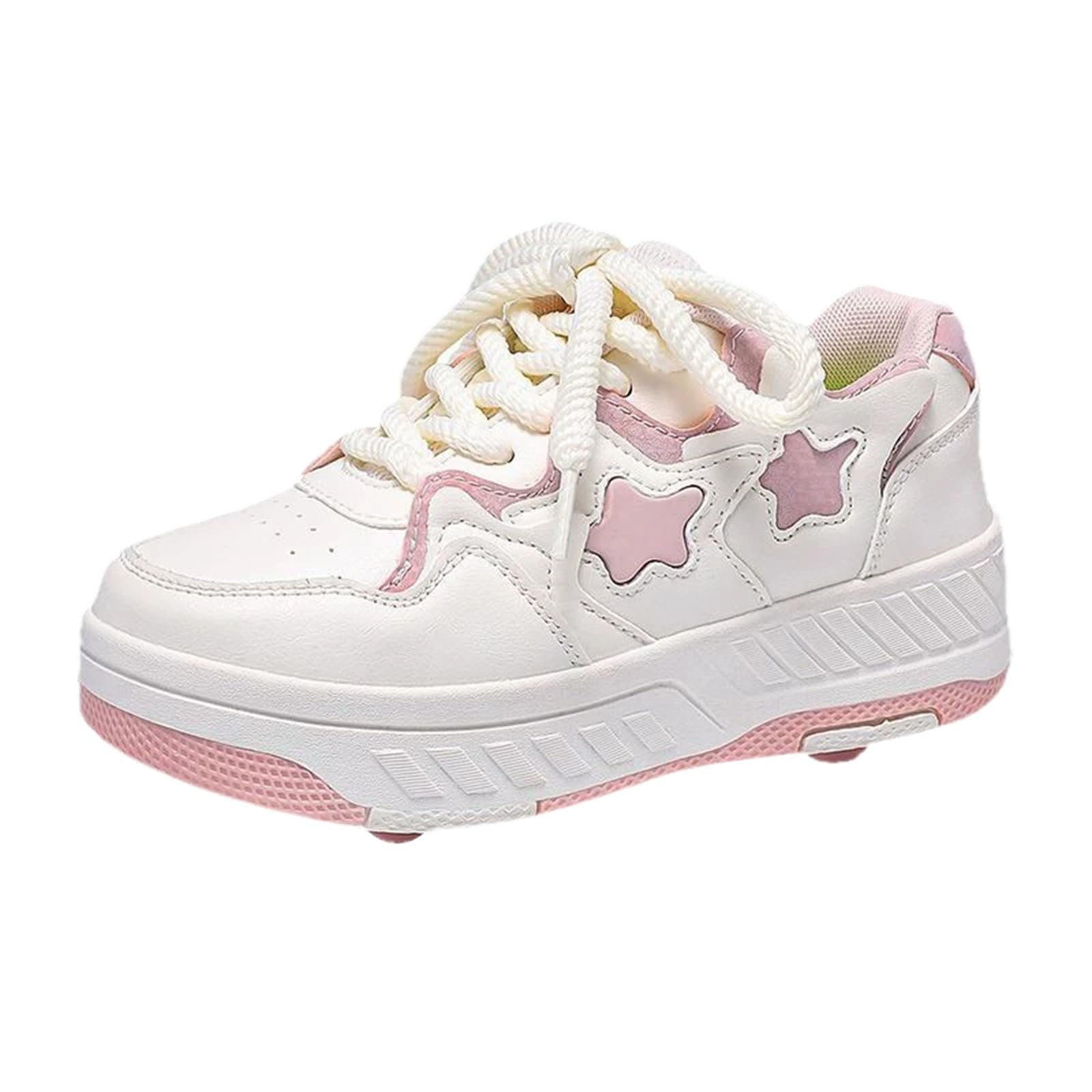 Surwin Kids Roller Skate Shoes for Girl Boy, Star Style Trainer Roller Skates Adult Teenager Unisex with 4 Detachable Wheels, Lace Up Design Outdoor Running Sneakers (Pink,5.5)