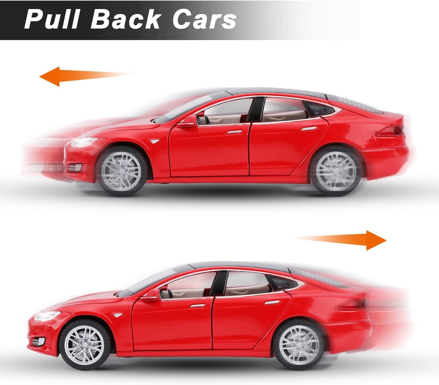 Funablo 1:32 Tesla Model Diecast Metal Pullback Toy Car With Openable Doors & Light, Music Boys Car For Kids Best Toys Gifts Toys For Kids (Rendom Color) - Red 2