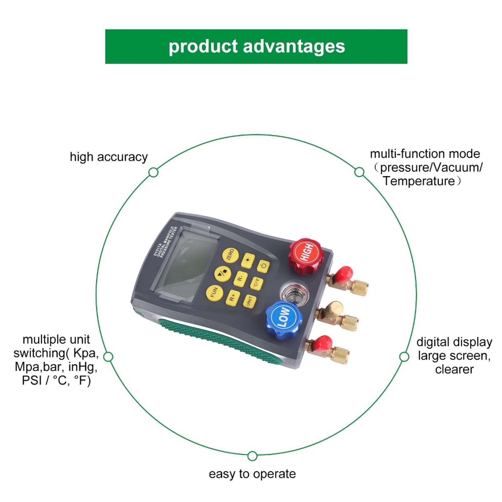 Medidor de Presión de Refrigeración Digital Probador de Pantalla LCD Preciso para Reparación y Mantenimiento de Aire Acondicionado, Material ABS Duradero, Incluye 3 Tubos de Conexión de