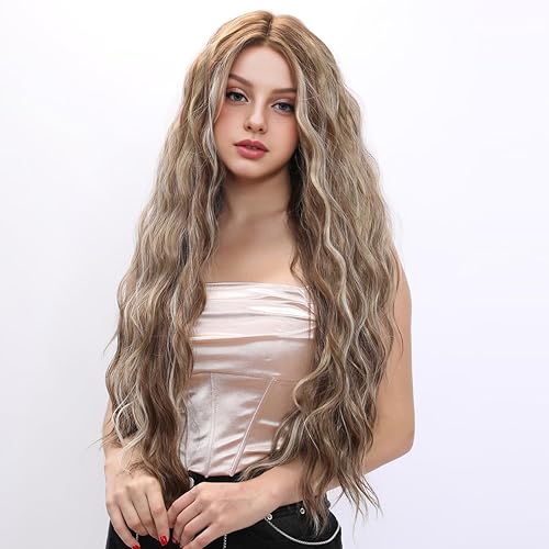 Smilco Pelucas sintéticas con encaje frontal, peluca frontal de encaje HD con parte media de 30 pulgadas de largo, cabello ondulado dorado camello,