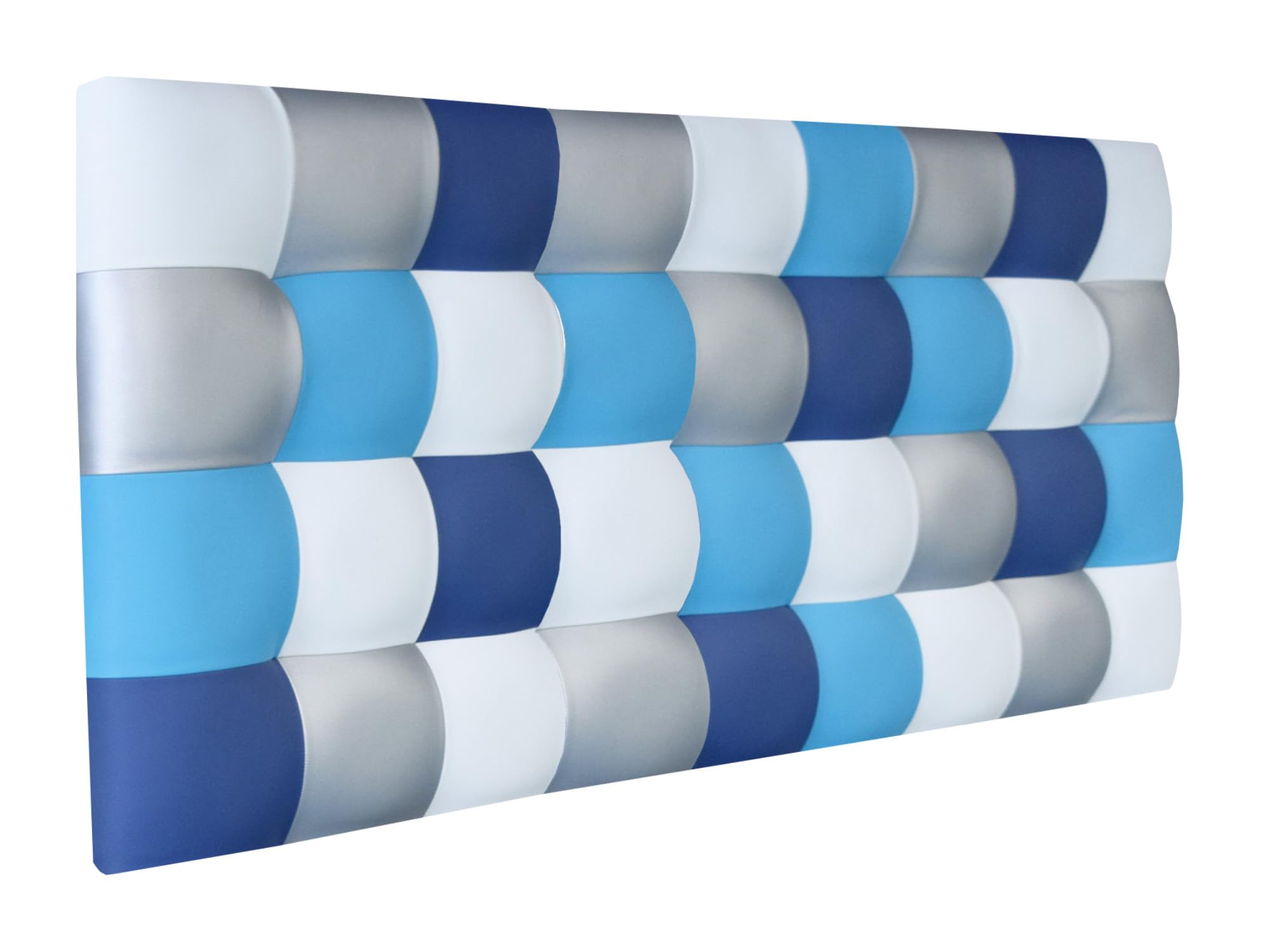 ONEK-DECCO Cabecero de Cama tapizado en Polipiel de Dormitorio Mod. Kansas Patchwork 12,Acolchado de Espuma Varias Medidas, Cama de niño, Juvenil y Matrimonio (150X70, Blanco-Turquesa-Plata-Azul)