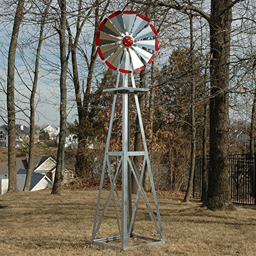Outdoor Water Solutions Decorative Backyard Windmill | Durable Weather Resistant Four-Legged Tower | Perfect for Lawn and Garden Decor… (Galvanized with Red Tips, 8ft. 3in.)