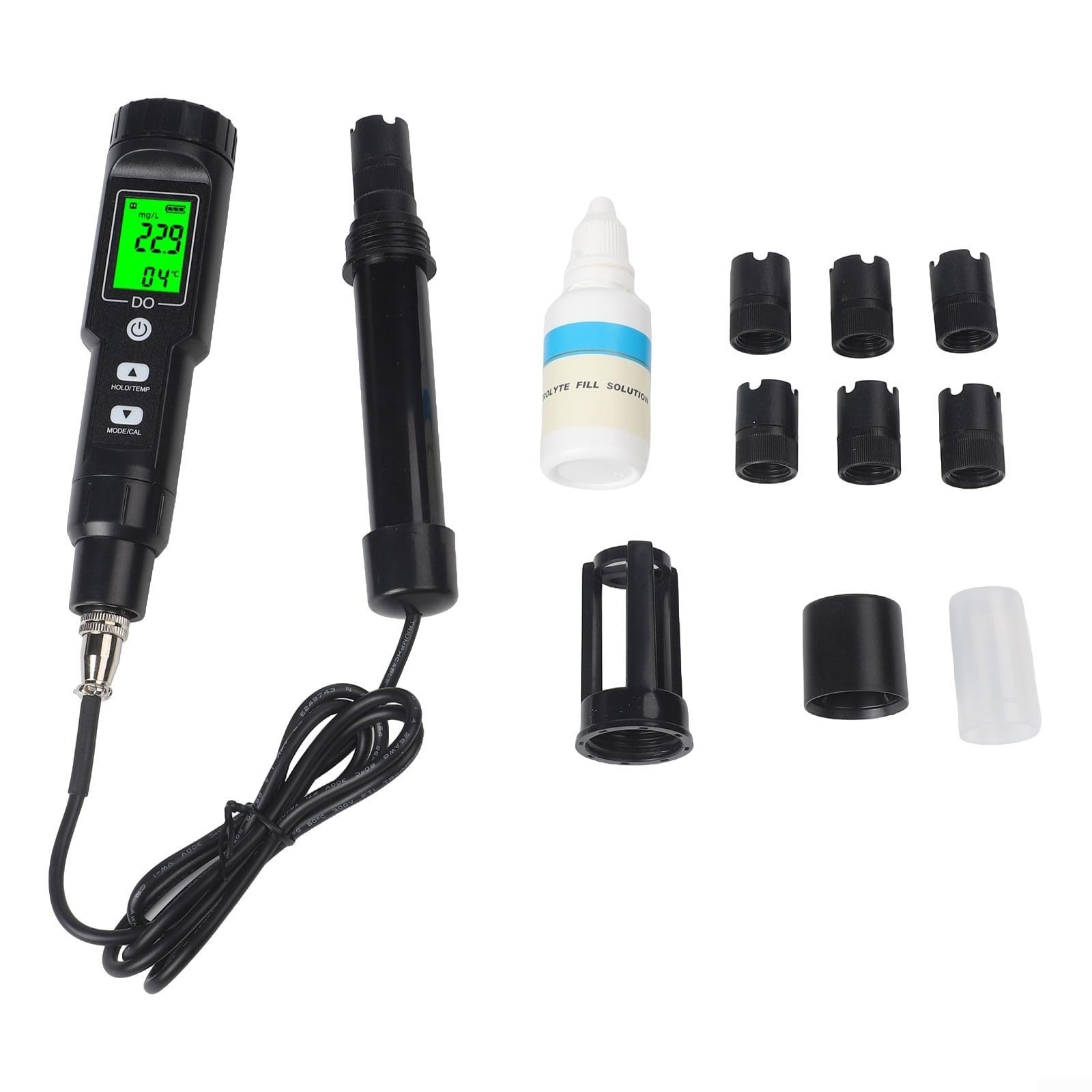 Misuratore di ossigeno disciolto per piscine, acqua di mare, acquari, birra, alta precisione, saturazione e temperatura con calibrazione automatica, 6 coperture per sonda incluse