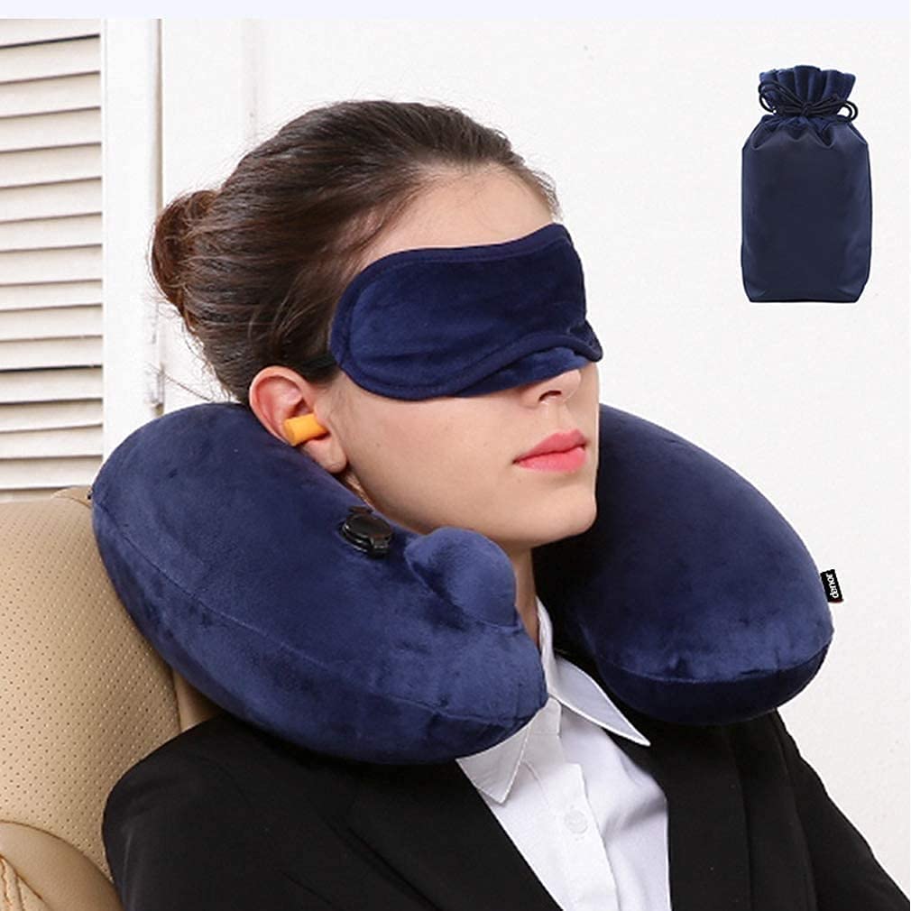 Reisekissen, aufblasbares Nackenkissen, Komfortables und atmungsaktive Abdeckung, Flugzeug-Reise-Kit mit 3D konturierter Augenmasken und Aufbewahrungstasche, blau (Color : A)