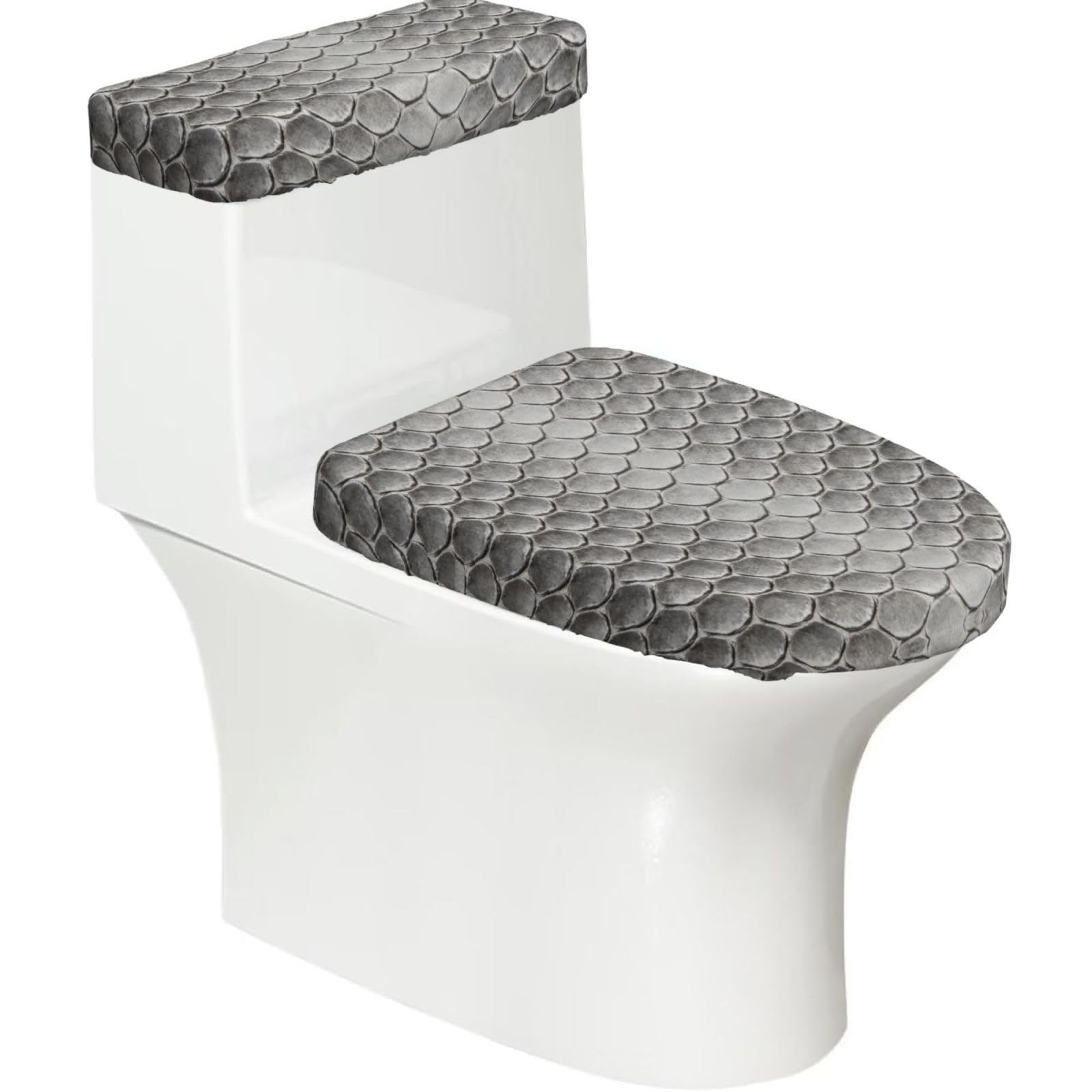 Cntdbu Black Gray Snakeskin Scale Elastic Toilet Cover Set Of 2-Stretchy Lid And Tank Covers For Bathroom, Soft Washable U Shape Toilet Decor