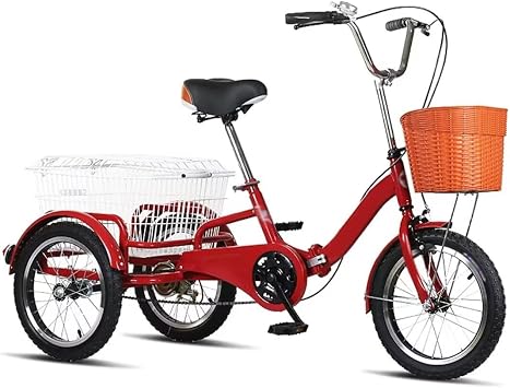 Folding Elderly Tricycle with Shopping Basket,Adult Rickshaw Pedal Tricycle,Leisure Vehicle,16inch Cargo Trike with Rear Steel Basket,Scooter Bike red 16 in