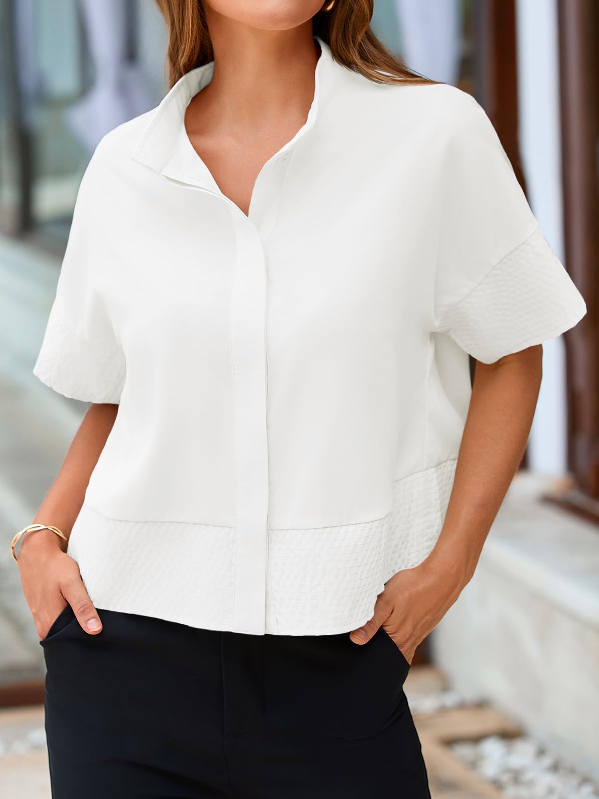 Cicy Bell Chemisier plissé à Manches Courtes pour Femme, élégant, décontracté, col Haut, Coupe Ample