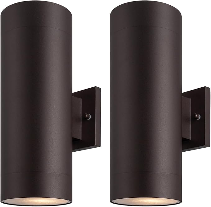 mirrea 14" Modern Outdoor Porch Light Patio Light in 2 Lights with Aluminum Cylinder and Tempered Glass Cover Waterproof Wall Sconce 2 Pack (Oil Rubbed Bronze)