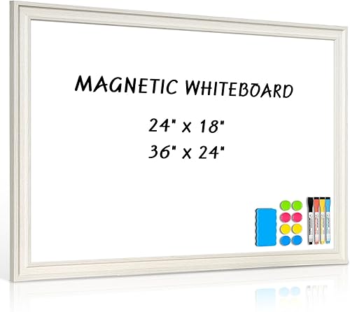Pizarra blanca grande para pared, pizarra magnética de borrado en seco de 36 x 24 pulgadas, pizarra blanca decorativa, marco de madera vintage blanco