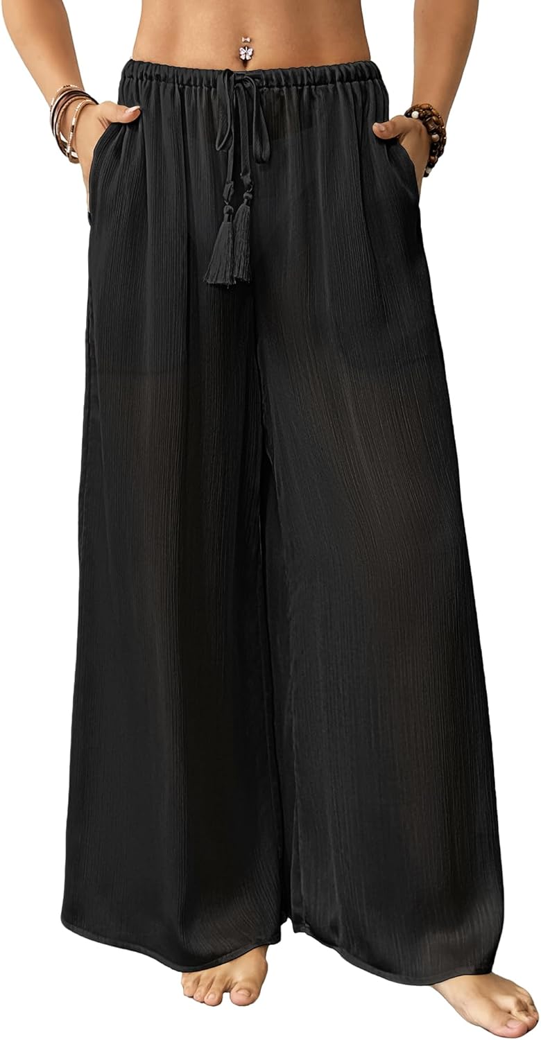 Bsubseach Women Swimsuit Coverup Swimwear Pants See Through Swim Pant Bottom Wide Leg Beach Palazzo Summer Outfit