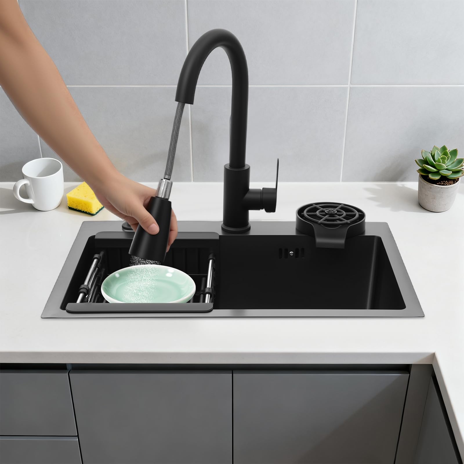Lavello nero da incasso, 55 x 40 cm, con rubinetto estraibile, lavello, dispenser per sapone, cestino di scarico (nero)