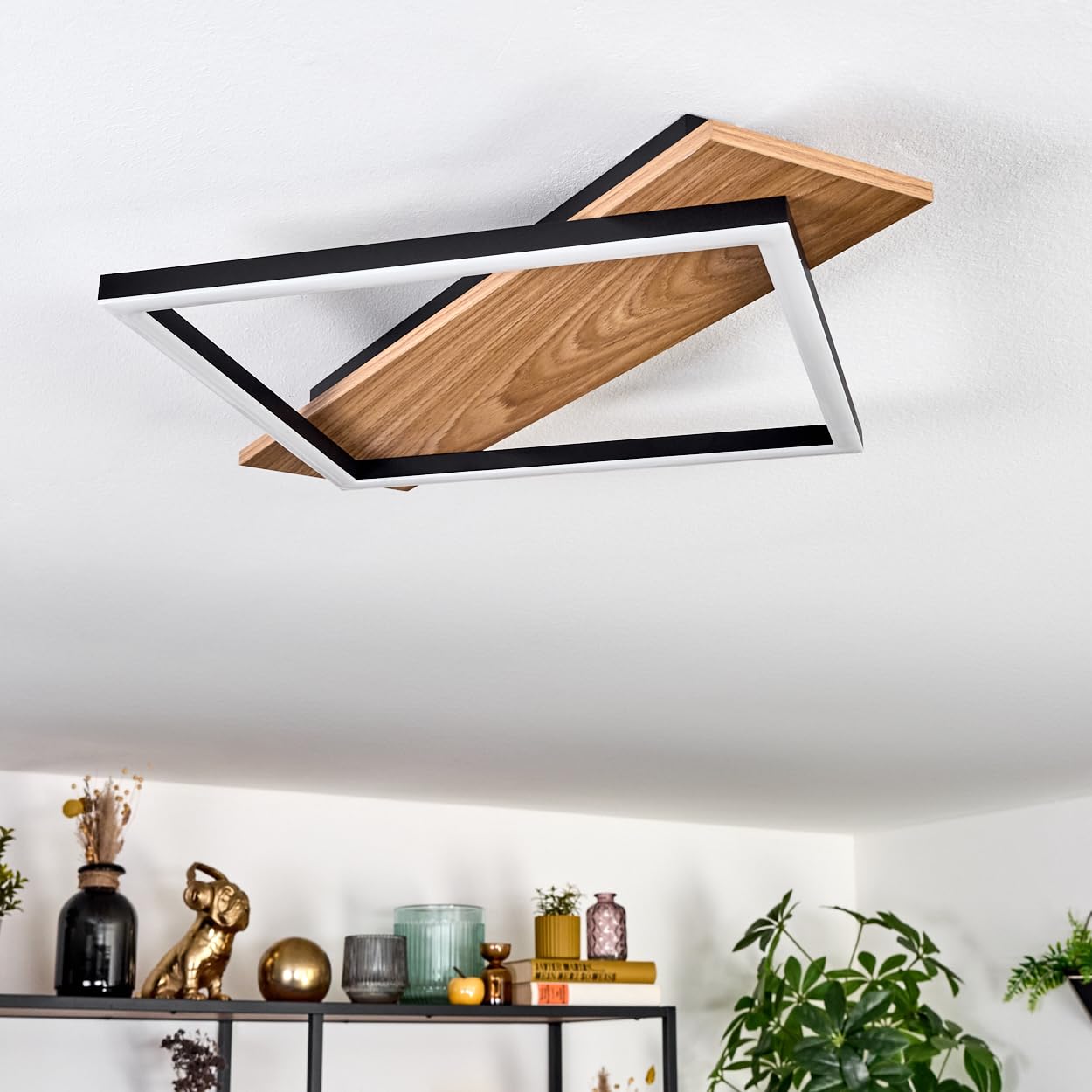 Plafonnier LED Cabanas HOFSTEIN, plafonnier en métal/plastique noir/aspect bois/blanc, luminaire au design moderne, 18 watts, 1850 lumens, salle à manger, salon, chambre à coucher, cuisine