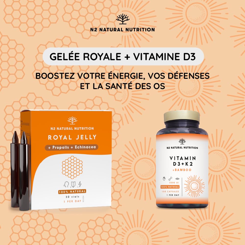 Gelee Royale Propolis Echinacea 200mg Vitamine C 60 Ampoules Anti Fatigue Royal Honey Renforcement Organisme Arôme Orange N2 Natural Nutrition