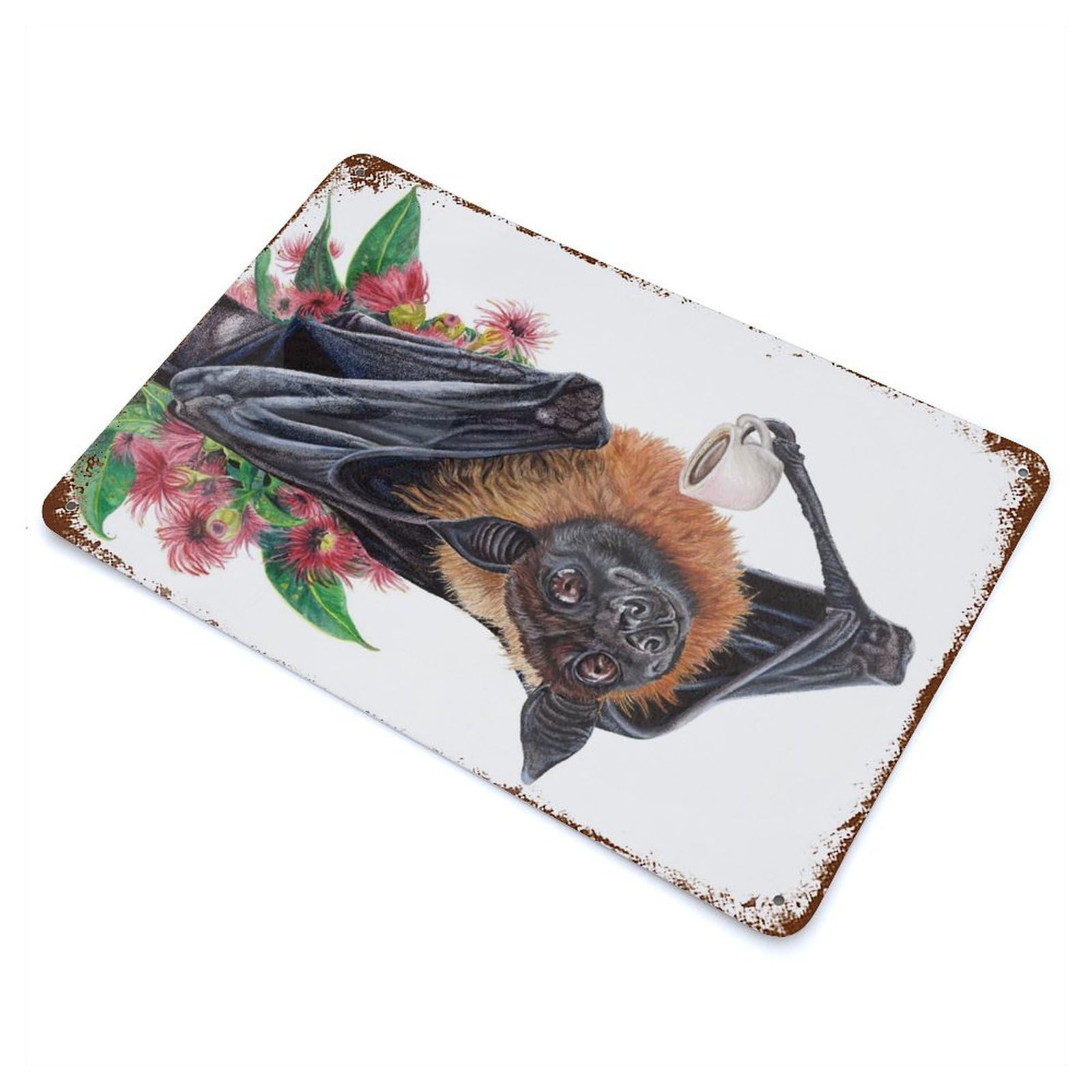 Batty Before Coffee Vintage Wall Sign 11.8"x7.9", Rust Effect Metal Decor for Living Room, Hallway And Home Decor