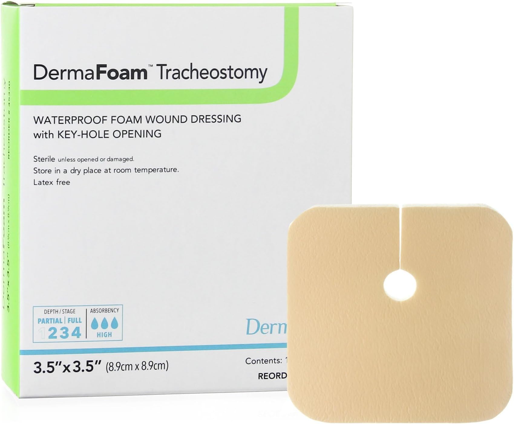 DermaRite's DermaFoam Tracheostomy Waterproof Foam Wound Dressing - Borderless with Key-Hole Opening - 10 per Box, 3-1/2 in. x 3-1//2 in., 1 Count, 10 Packs, 10 Total
