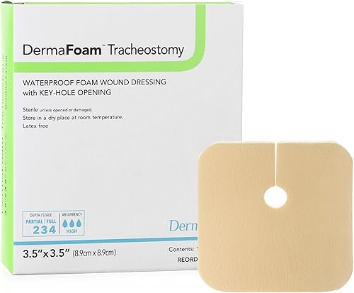DermaRite 's DermaFoam - Apósito de espuma impermeable para traqueotomía para heridas, sin bordes con apertura de orificio para llave, 10 por caja,