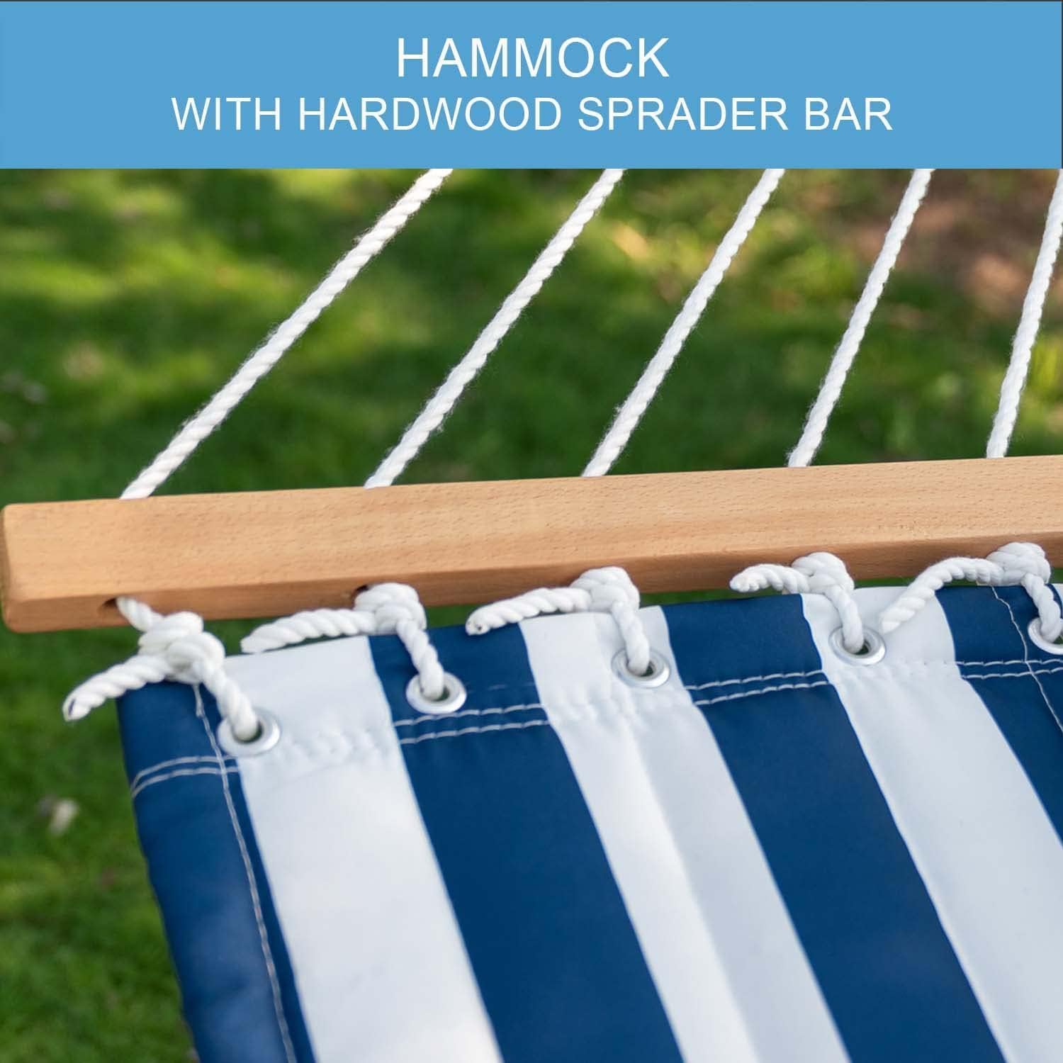 Lazy Daze Hammocks 12FT Quilted Fabric Double Hammock with Spreader Bars and Detachable Pillow, 2 Person, 450lbs Capacity, Blue White