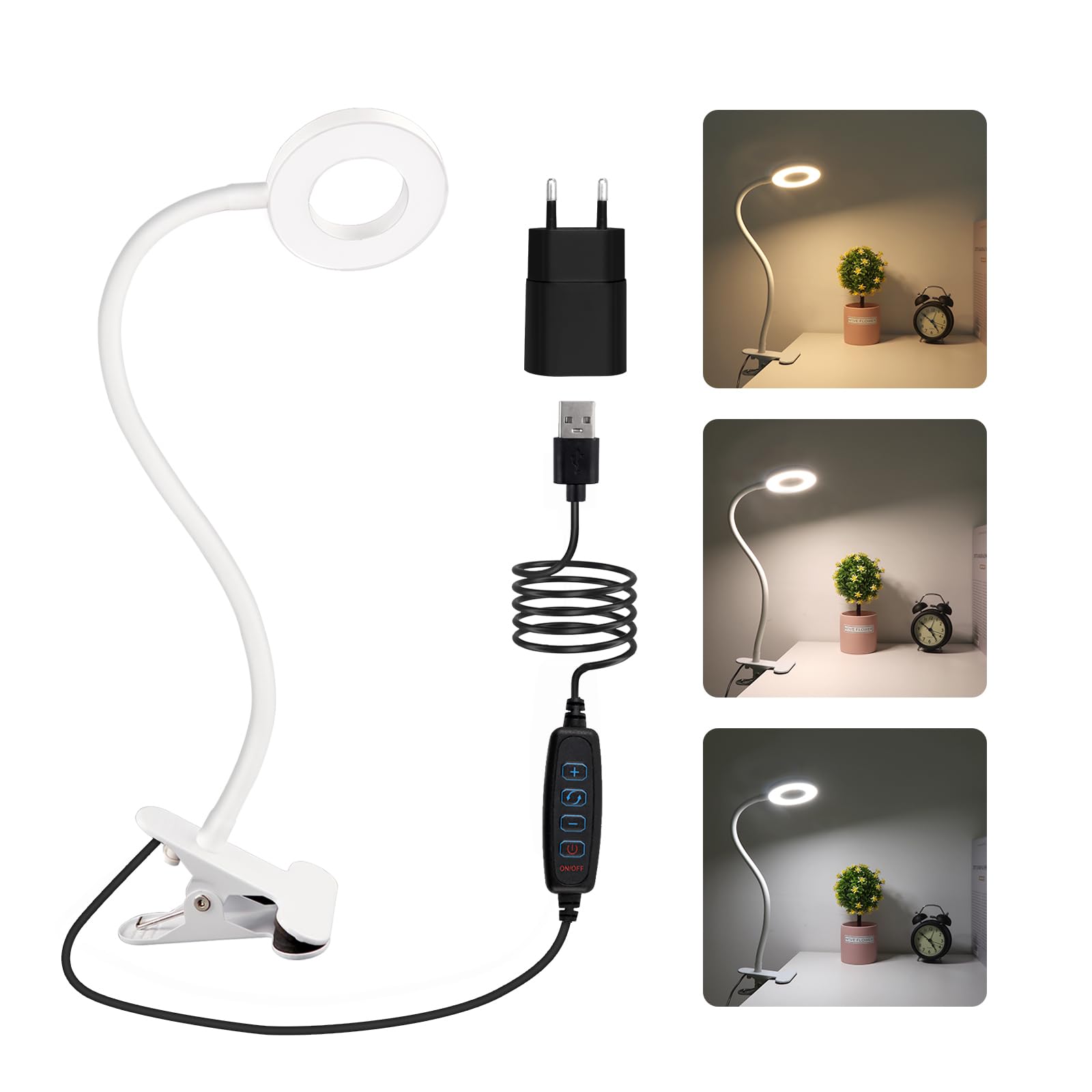 SCNNC 8W Lampara Pinza Cabecero Cama LED con Adaptador, 3 Colore y 10 Brillo Lampara Clip LED USB, Lampara Flexo LED con Pinza para Lectura, Cama, Escritorio, Trabajar (Blanco)