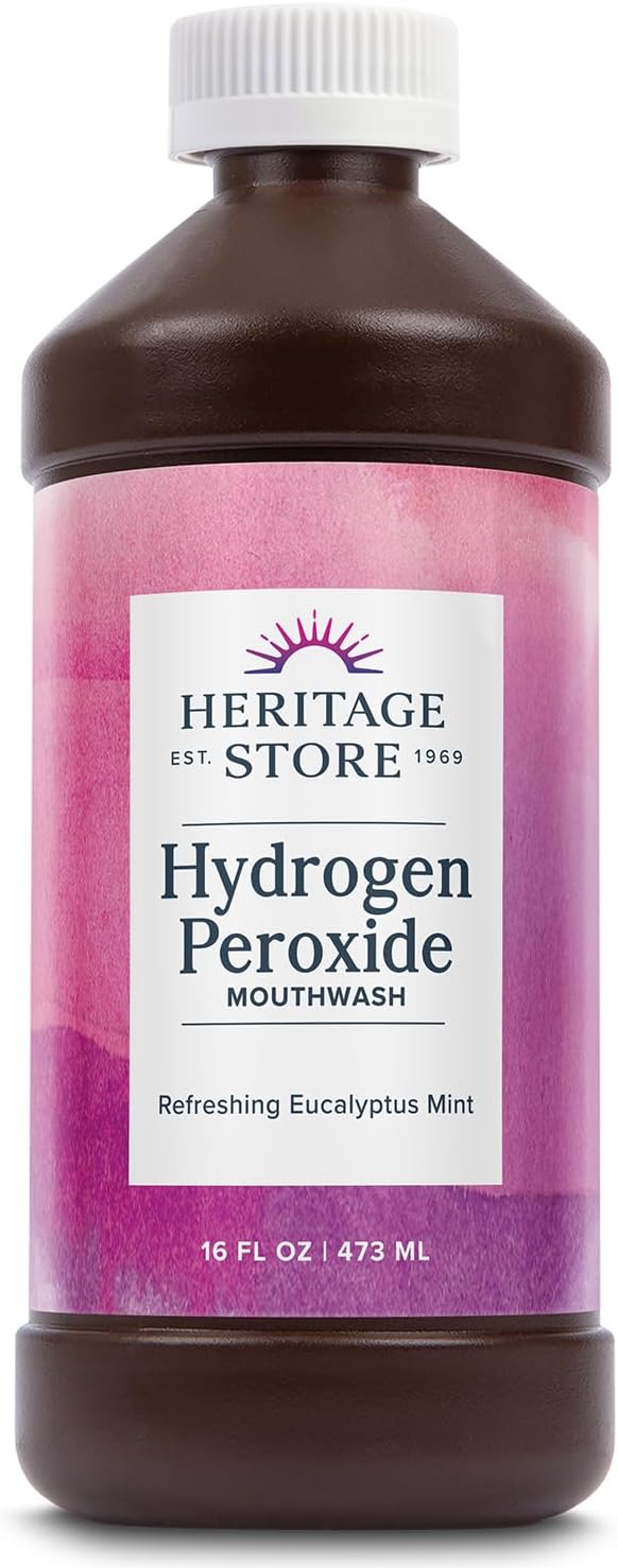 Heritage Store Hydrogen Peroxide Mouthwash - Daily Oral Care - Eucalyptus and Fresh Mint Mouth Wash - Gentle Bubbling Action for Clean, Healthy Gums and a Fresh Mouth, Sweetened with Xylitol, 16oz