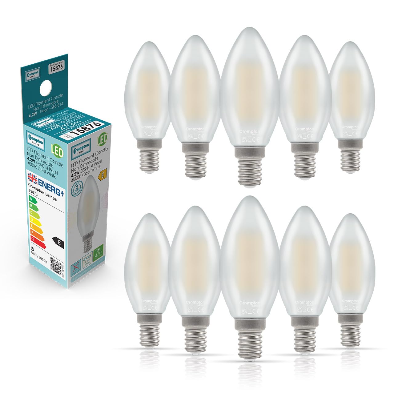 Crompton Lamps Filament Candle LED Light Bulb SES-E14 | 4.2W = 40W Equivalent | Cool White 4000K | Energy Efficient | Small Screw Lightbulb | Long Life 15000-Hrs | Pearl Glass | 10-Pack