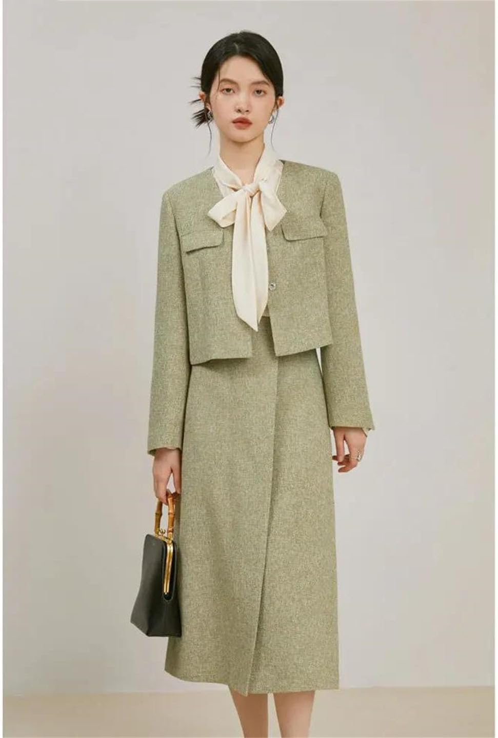 Women Blazer Suit Retro V-Neck Short Jacket Long Skirt Irregular Suit