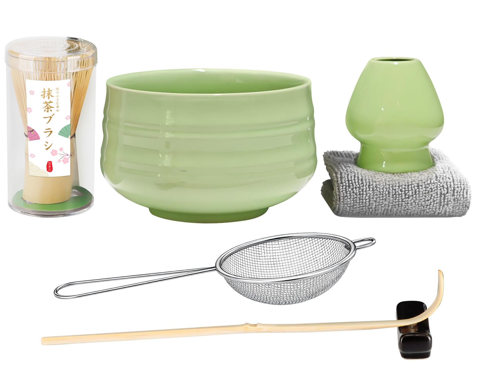 7pcs Matcha Set, Matcha Whisk Set - Matcha Whisk Bamboo, Whisk Holder, Matcha Bowl, Scoop, Sifter, Absorbent Cloth - Japanese Tea Ceremony Set for Home Use or as a Gift, Pale Green