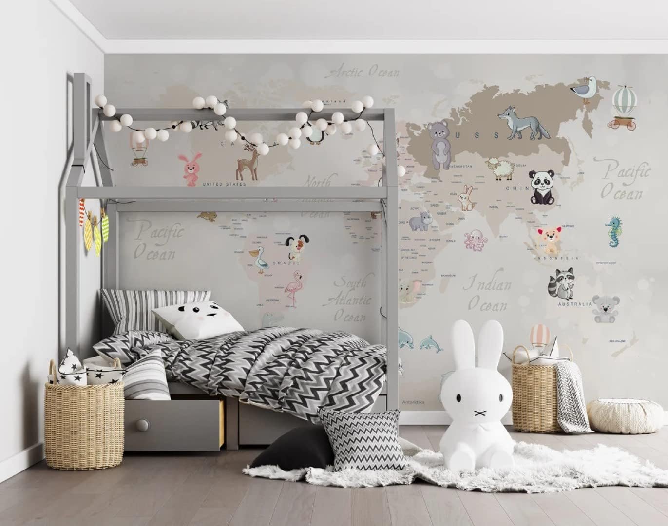Oceans Cute Baby Land and Sea Creatures Animals World Map for Kids Peel and Stick Wallpaper Wall 100''H x 150''W