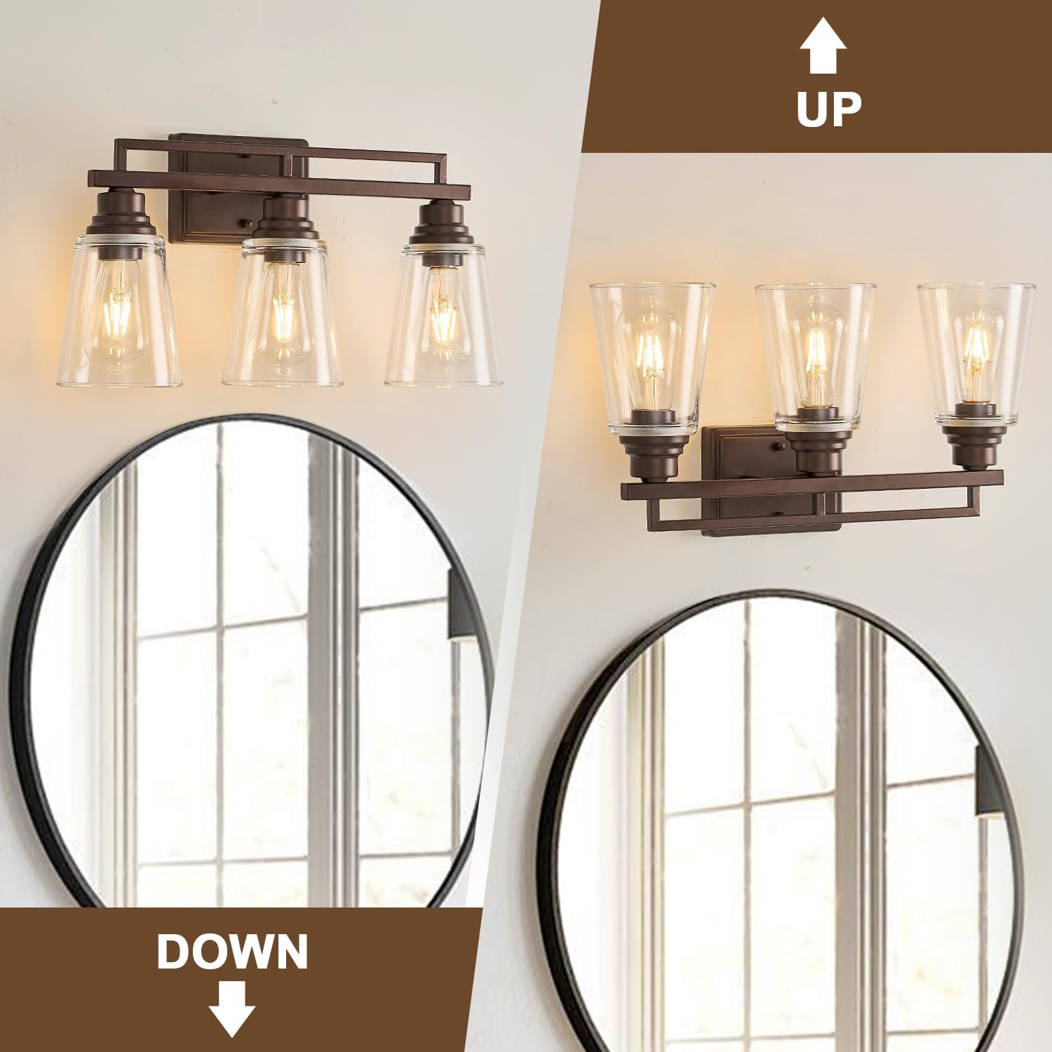 Refice Bathroom Vanity Lights, Bathroom Light Fixtures Over Mirror, Oil Rubbed Bronze 3-Light Wall Lamps Vintage with Clear Glass Shades for Mirror, Living Room, Farmhouse, Hallway