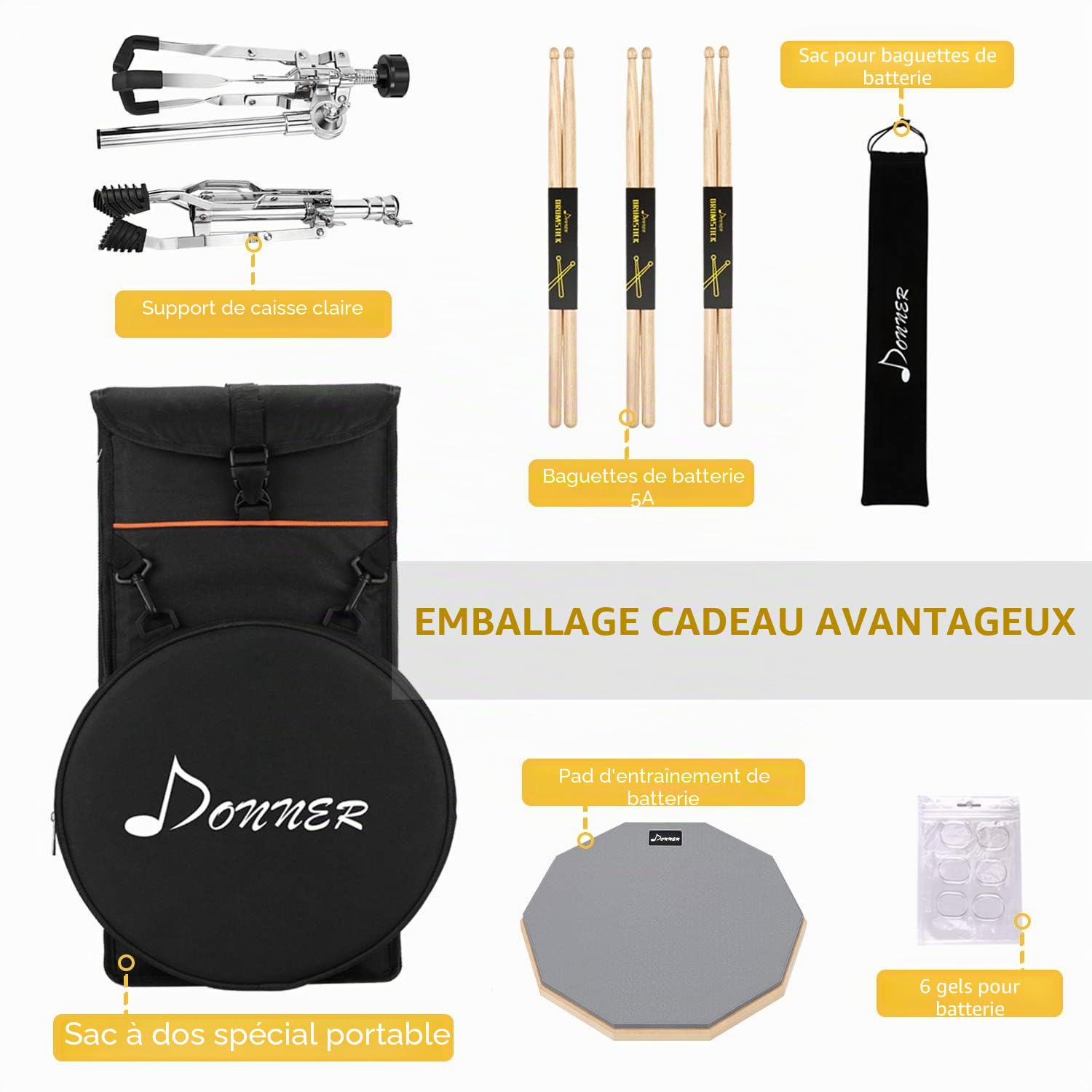 Donner Pads d'entraînement 30cm avec Pied, Baguettes 5A, Atténuateurs d'harmoniques en gel, Sac à dos