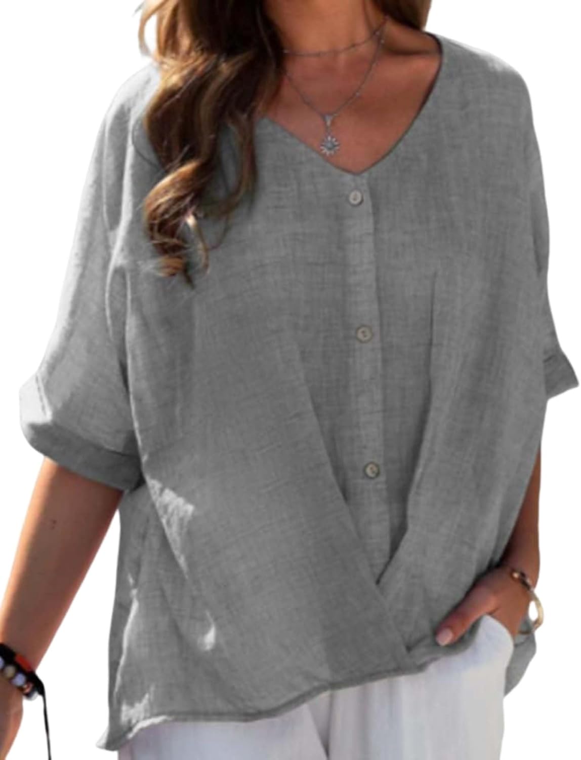 Womens Button Down Cotton Linen Shirts Summer Casual V Neck Short Sleeve Loose Tee Shirt Vintage Solid Blouse Work Tops