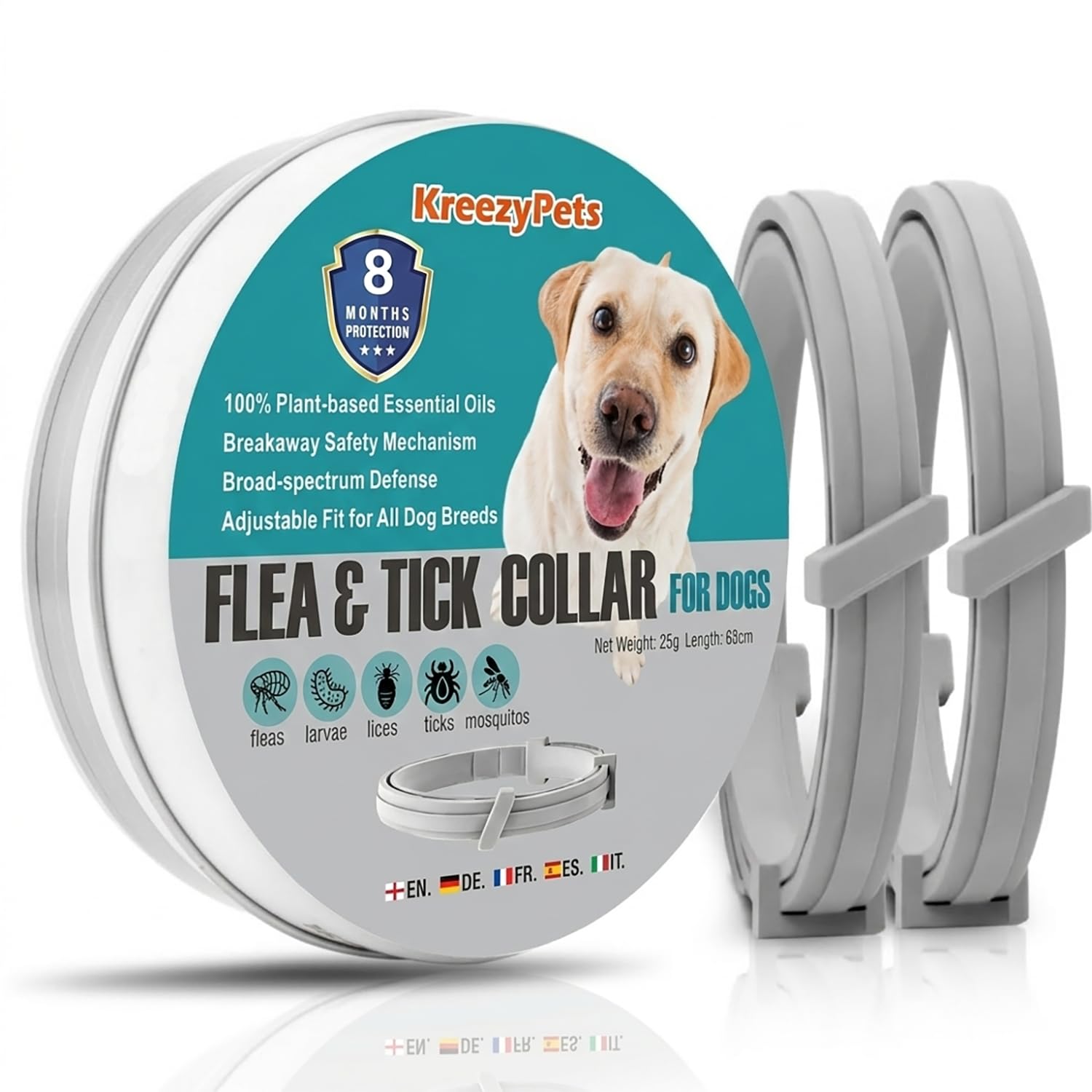 Anti-parasitic Collar for Dogs, Pack of 2-16 Months of Natural Protection Against Fleas, Ticks and Mosquitoes – Waterproof and Adjustable (63 cm) for Large, Medium and Small Dogs