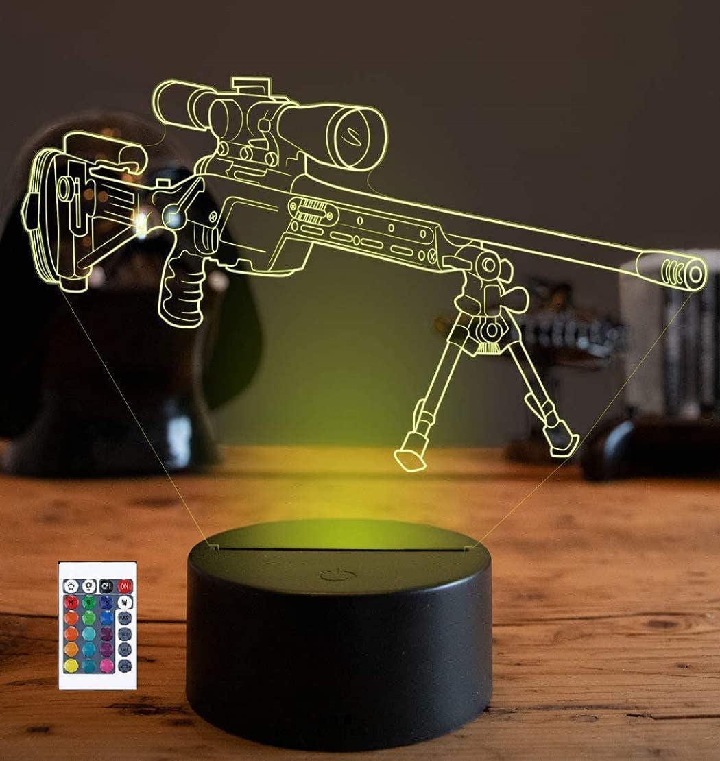 SUPERRUIDALONG 3D Gun Sniper Rifle Lamp Remote Control 16 Color Night Lights Illusion Acrylic LED Table Bedside Lamp Children Bedroom Desk Decor Birthday Christmas Gift Cute Toy for Kids Adult