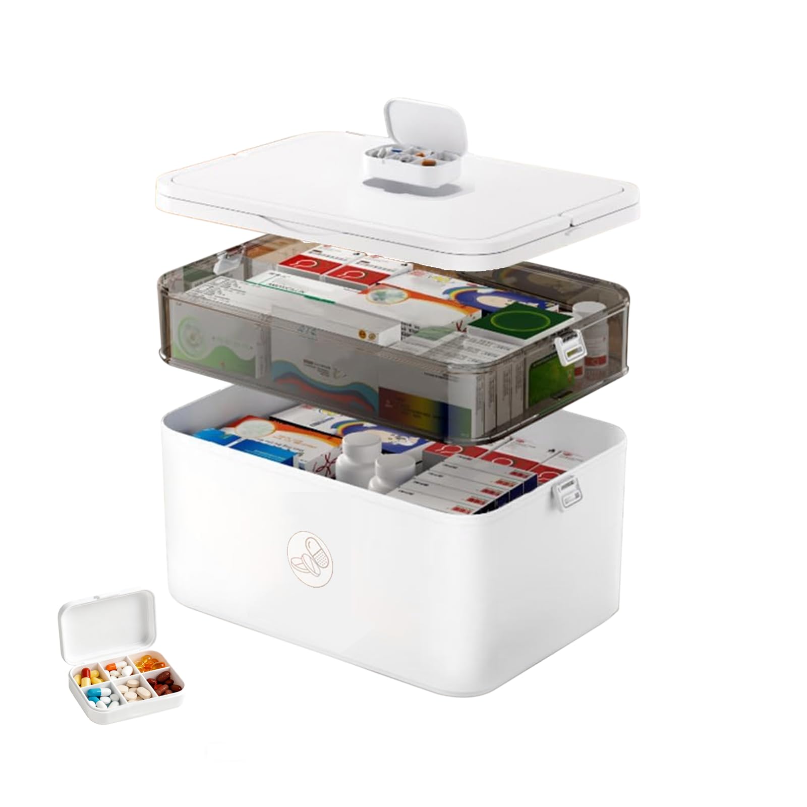 Caossioxin 2 Layer Medicine Storage Box, 30X16X20cm Medicine Box with Portable Handle, Medicine Storage Box Organiser, First Aid Box, Medication Storage Boxs for Home,School,Office,Travel (White)