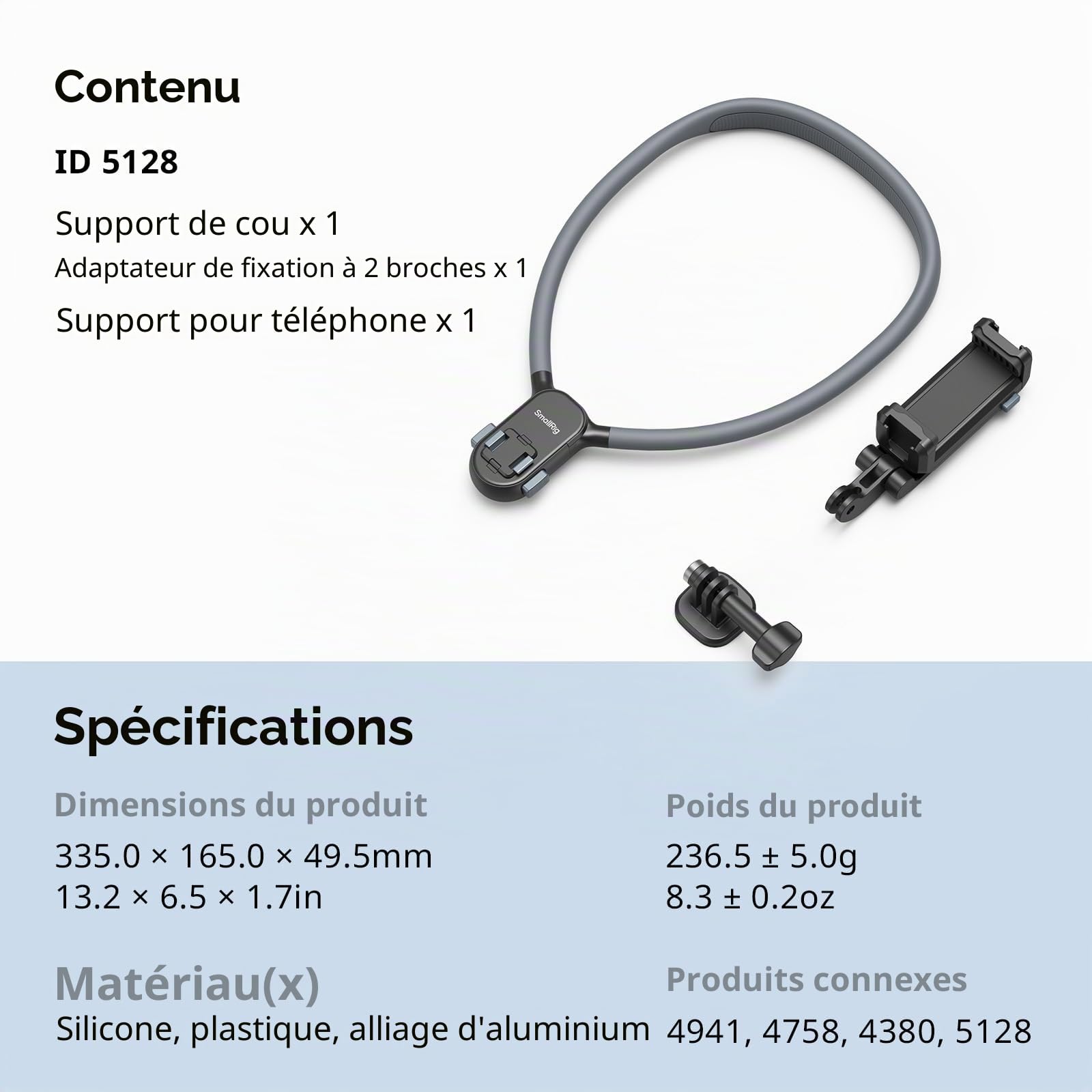 SMALLRIG Support de Cou Magnétique pour Caméras d'action et Téléphones, Support de Prise de Vue POV Confortable avec Adaptateur Universel à 2 Broches et Support de Téléphone - 5128