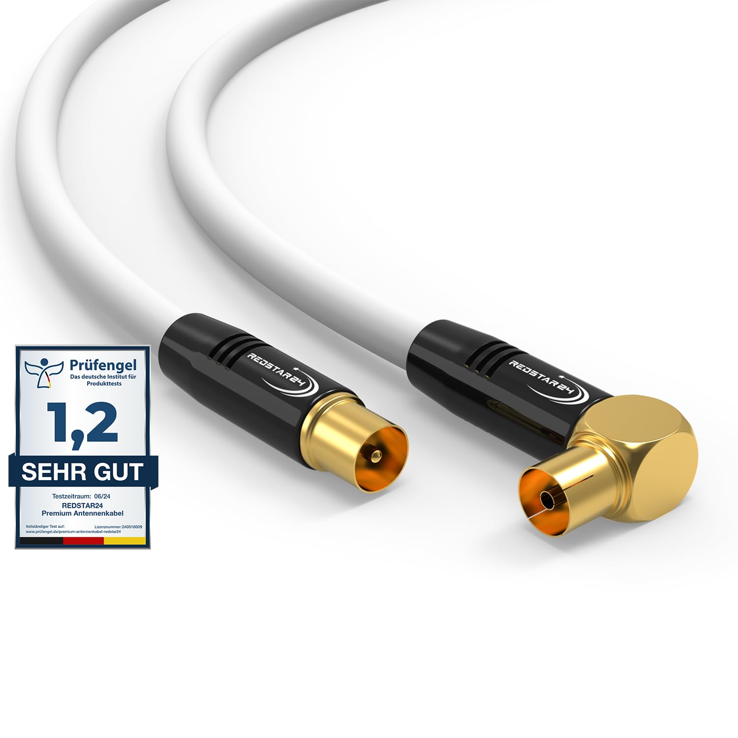 RedStar24 Cavo Antenna 7,5m Bianco - Maschio a Femmina 90° Angolato Coassiale - Cavo Coassiale HDTV Premium per la TV via cavo | Cavo TV: Compatibile con TV, Radio, DVB-T/T2, DVB-C, DAB