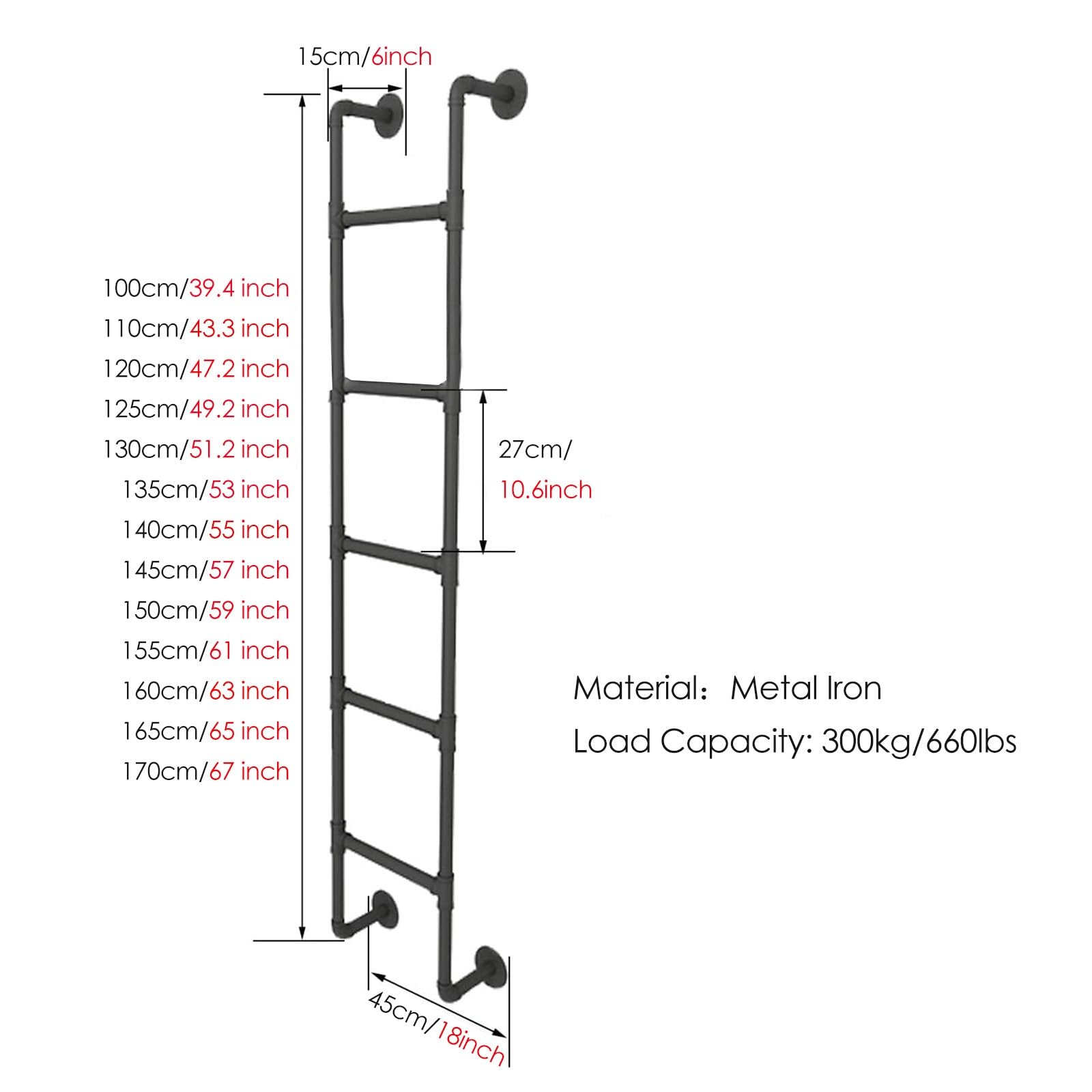 Egress - Scala per cantina e finestra, montaggio a parete, per letti singoli, altezza 100, 120, 140, 160, 170 cm, verticale, per letto alto, supporta fino a 150 kg