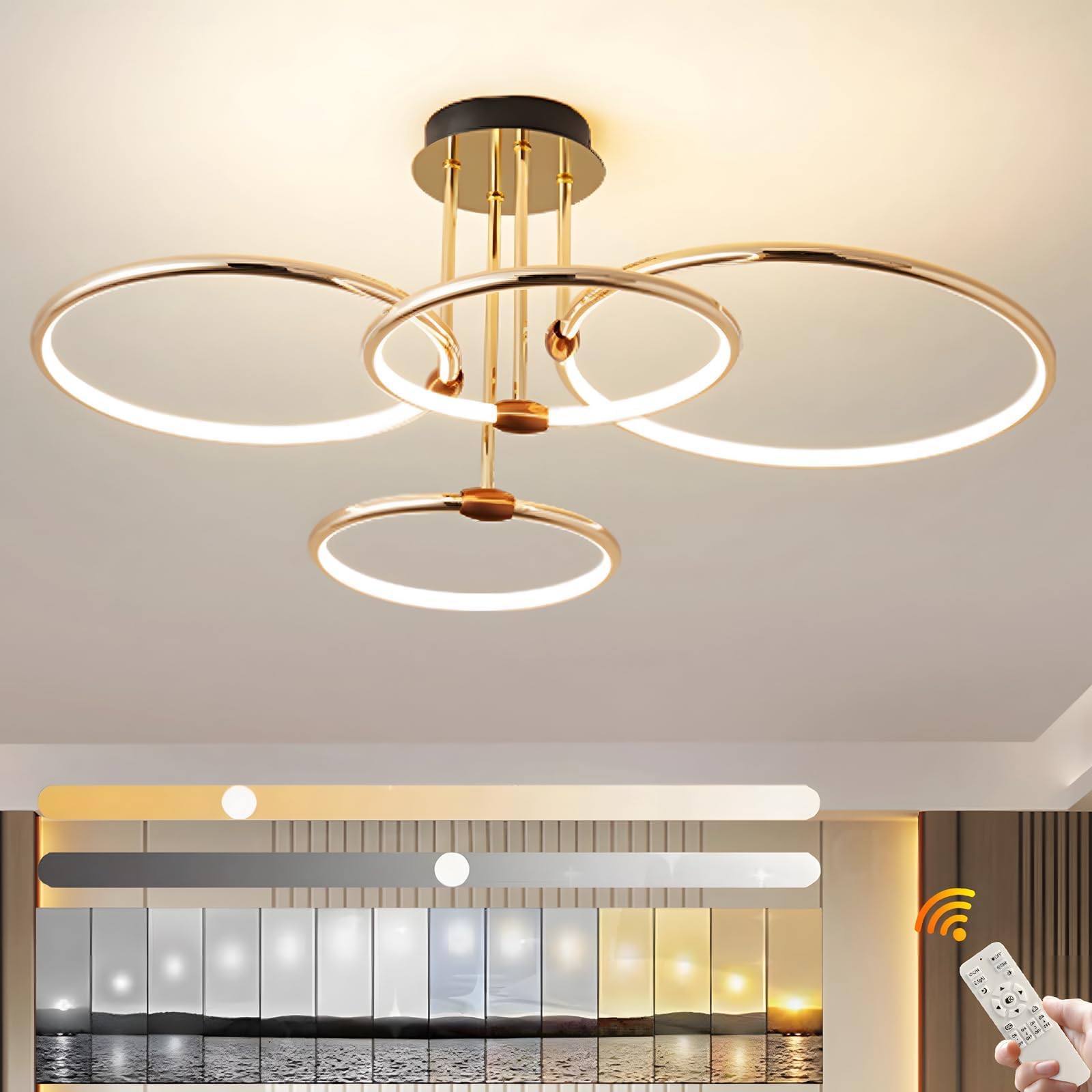 YYUTLUO LED Lámpara De Techo, Lámpara Circular De Metal Dorado De Ø75cm, 85W Regulable Continua 3000-6000K, Colgante Redondo Moderno De Galvanoplastia, Dormitorio, Sala Estar Niños Oficina (4 Anillos)