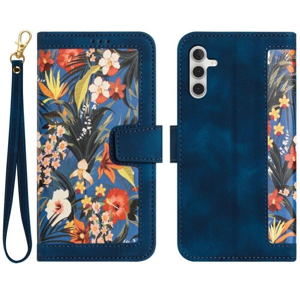 Protection Samsung Galaxy A06 en cuir fleur bleu marine aux finitions soignées