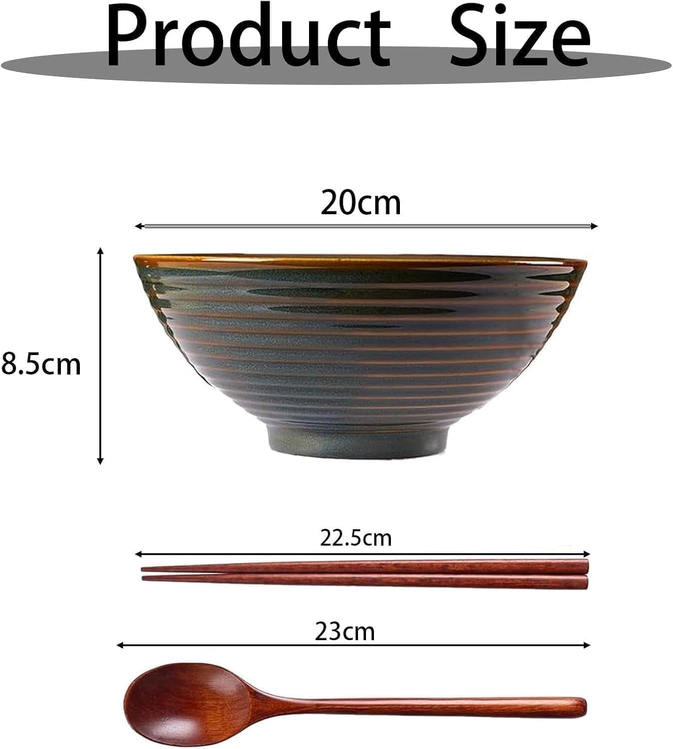Ramen Bowl - Ciotola da 1200 ml, con bacchette e cucchiai, per zuppa, pasta, macedonia, 2 pezzi (verde retrò)