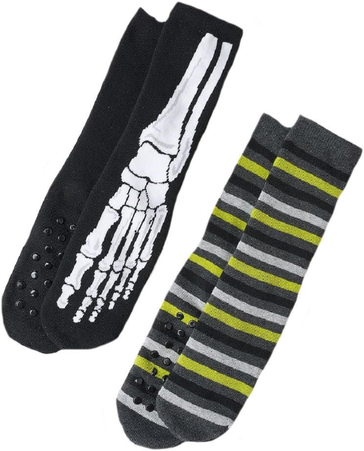 Grip It Slippers Big Boys' 2-pack Skeleton Foot/Striped Slipper Socks