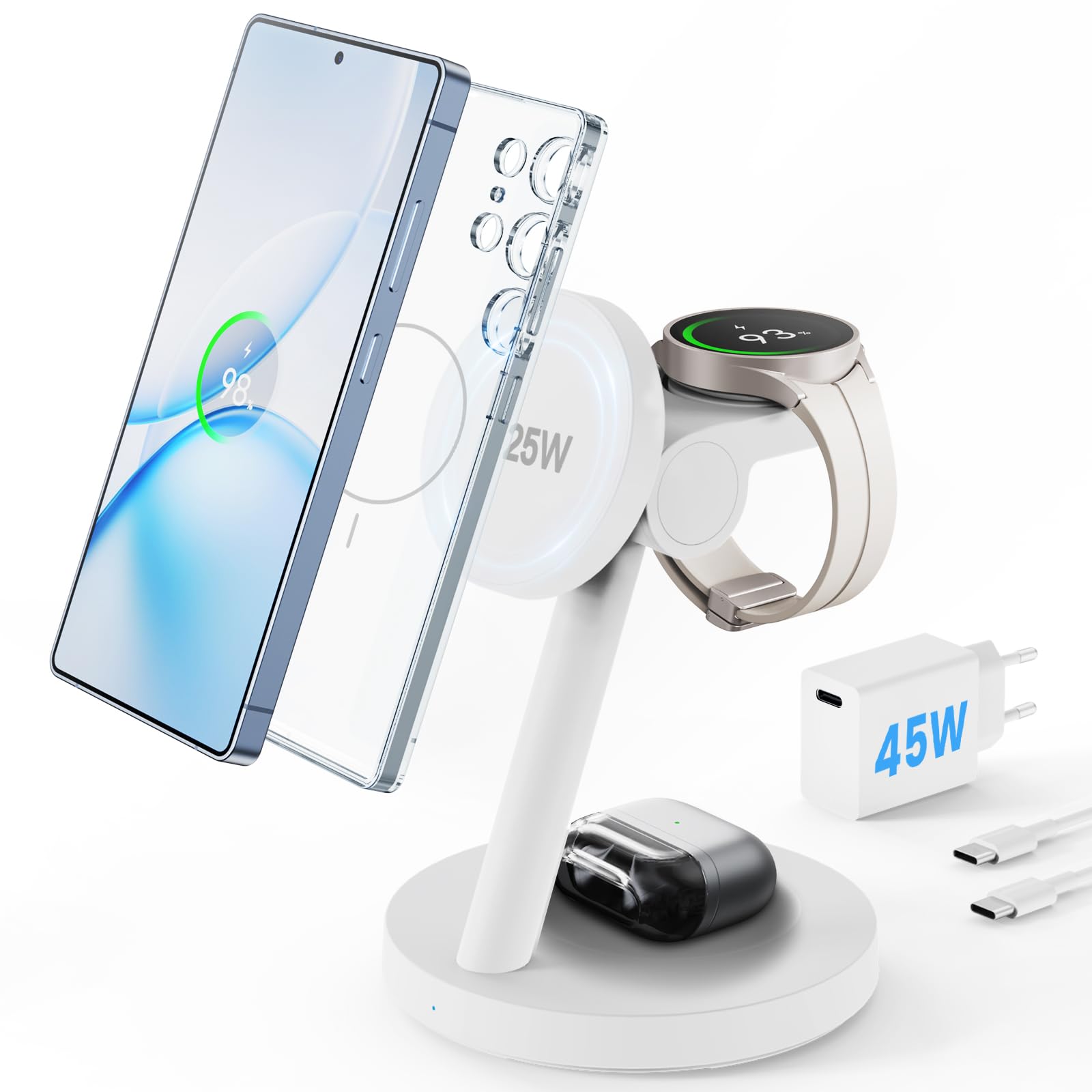 JoyGeek Magnetisch Induktive Ladestation für Samsung 4 in 1, 25W Fast Ladegerät für Galaxy S26/S25/Ultra/Z Fold/Flip 7,Wireless Charger für Watch 8-5/Ultra, für Galaxy Buds 4-2/Pro,Weiß