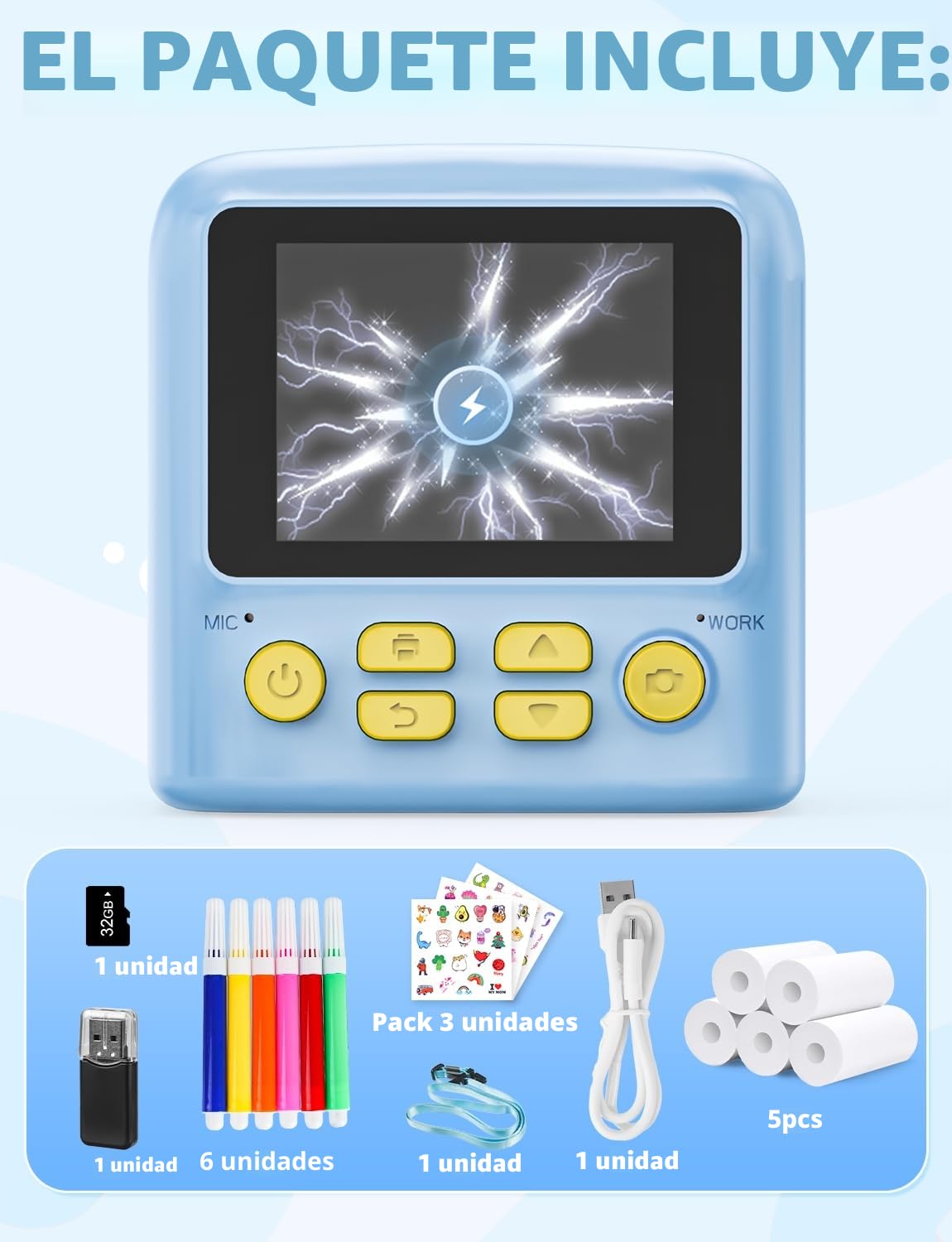 PHNIXGAM Cámara instantánea para niños con 2 Flash, cámara Digital, cámara Infantil, cámara de Fotos HD de 2,4 Pulgadas, Regalo para niños y niñas, Incluye 5 Rollos de Papel de impresión