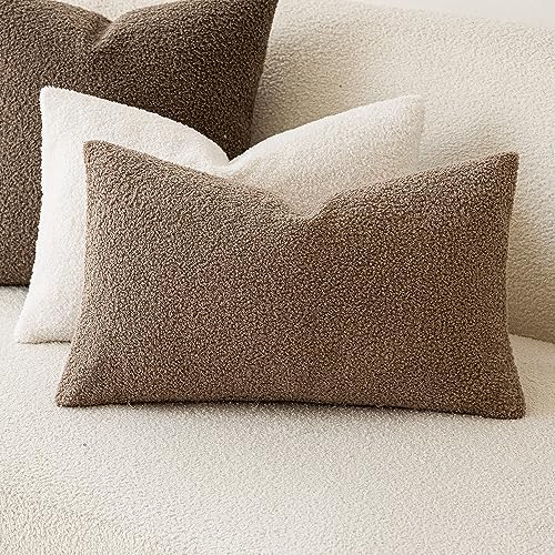 Image of Foindtower Pack of 2, Curly Faux Fur Decorative Throw Pillow Covers Soft Plush Cushion Case with Zipper Cozy Boho Lumbar Pillowcase for Home Living Room Couch Bedroom Sofa 12 x 20 Inch, Chocolate