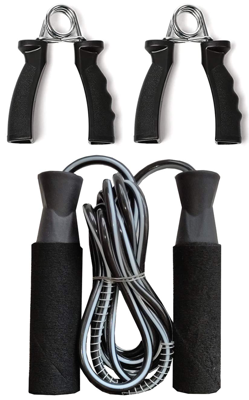 VICTORY Combo of Skipping Rope and 2 Hand Grip for Men and Women Jumping Rope for Exercise Workout & Gym Training Sports Fitness Adjustable Height with Hand Plastic Grip-Black