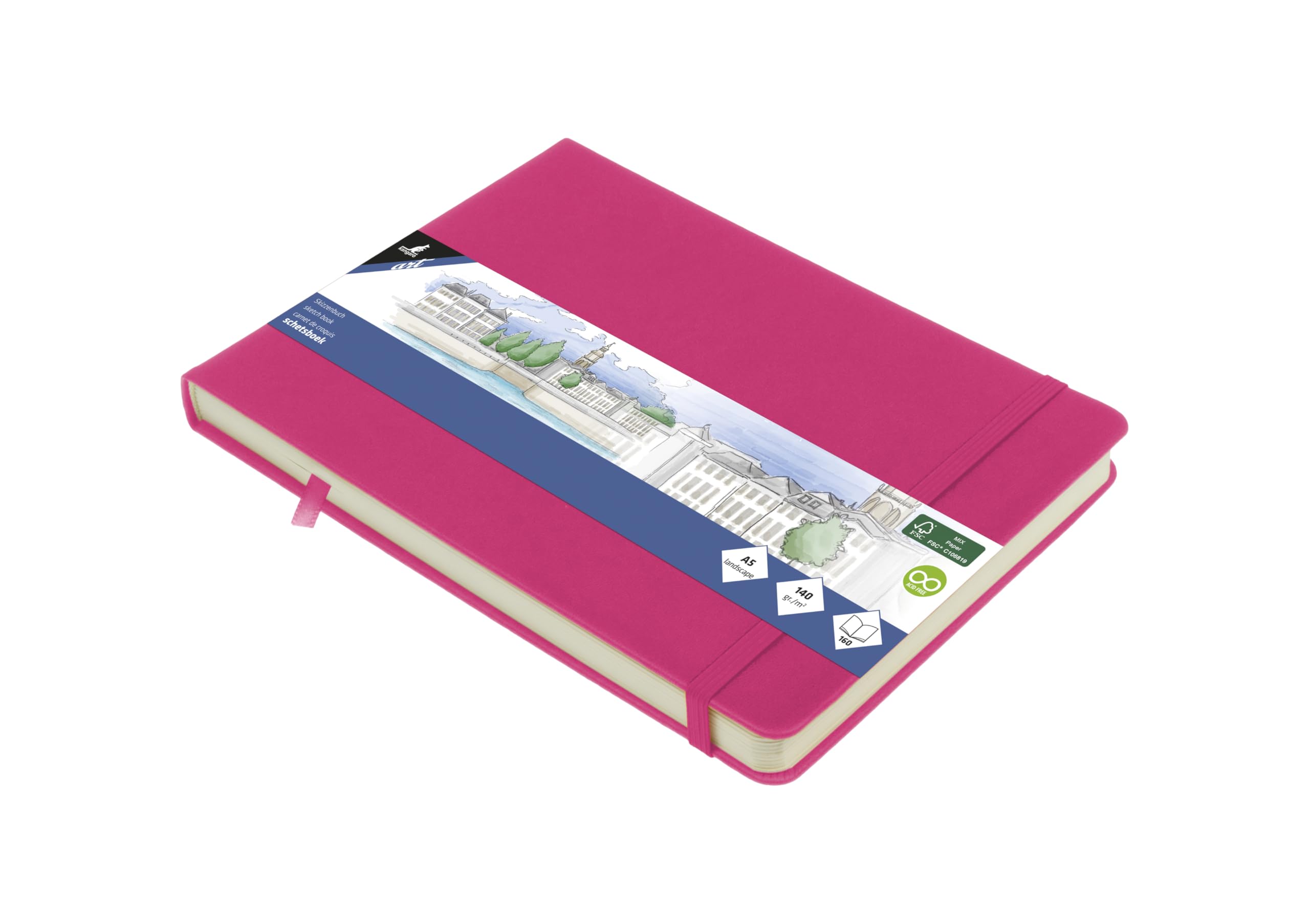 Kangaro A5 Landscape Hot Pink PU Hardcover Sketchbook 80 Sheets 140g Cream Paper with Elastic Band and Band