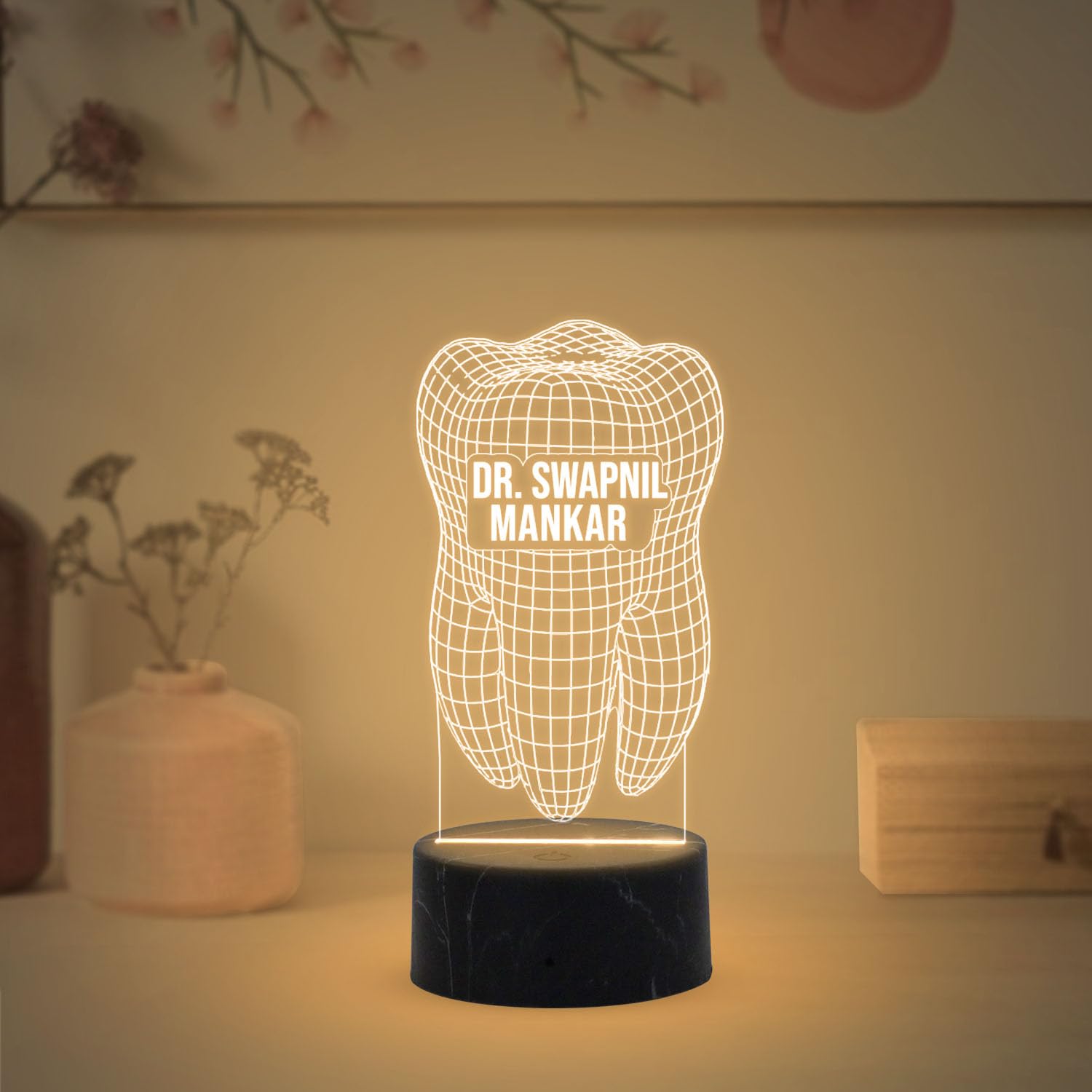 StarLaser Teeth 3D Illusion Night lamp Warm White Light with 12V 1 amp Power Adapter Desk Table lamp (Wooden Base)-image-46