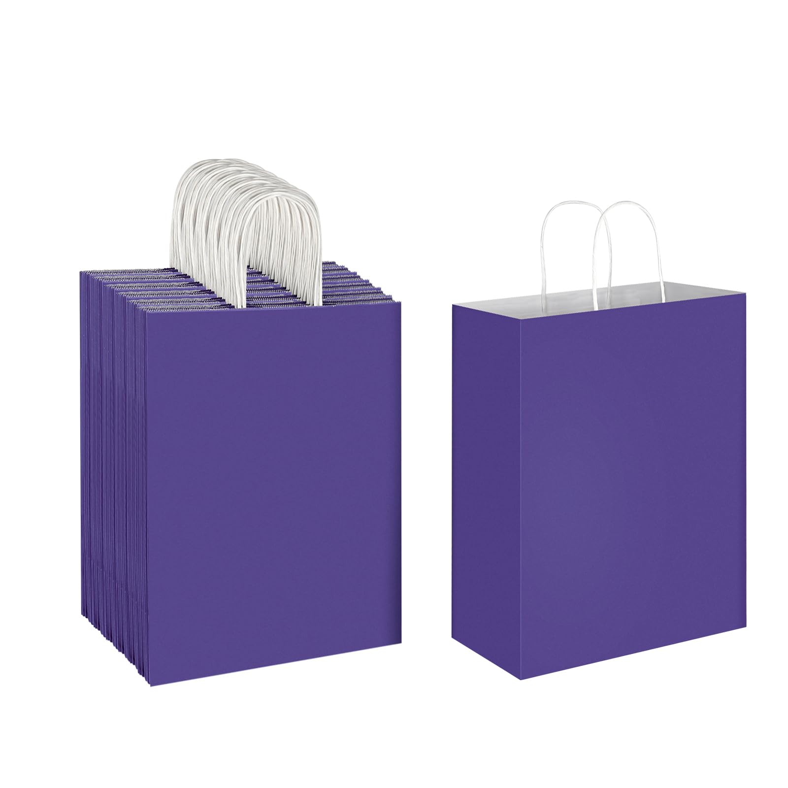 Oikss Confezione da 50 sacchetti di carta kraft viola con manici, per feste di compleanno, generi alimentari, shopping, affari, sacchetti regalo riciclati (grandi dimensioni, 50 pezzi)